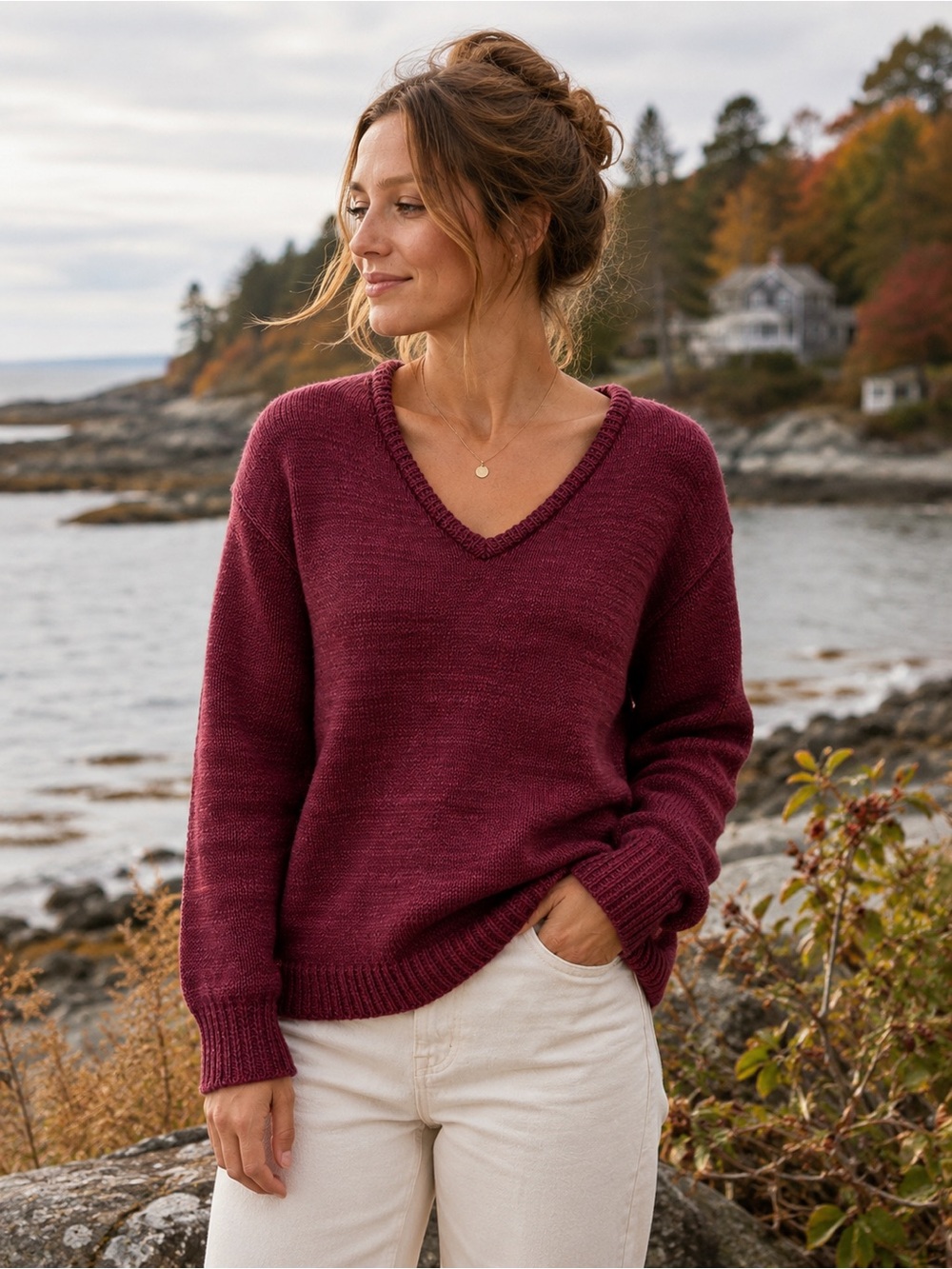 Pollen Sweater 100% Wool V-Neck Sweater Raspberry pink, Made in Canada, Medium